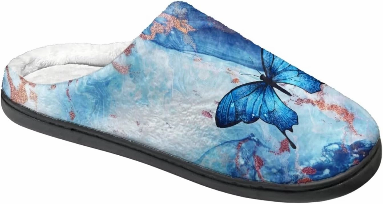 Howilath Butterfly Print Women Flannel Slippers, Warm Breathable House Shoes with Anti-skid Sole