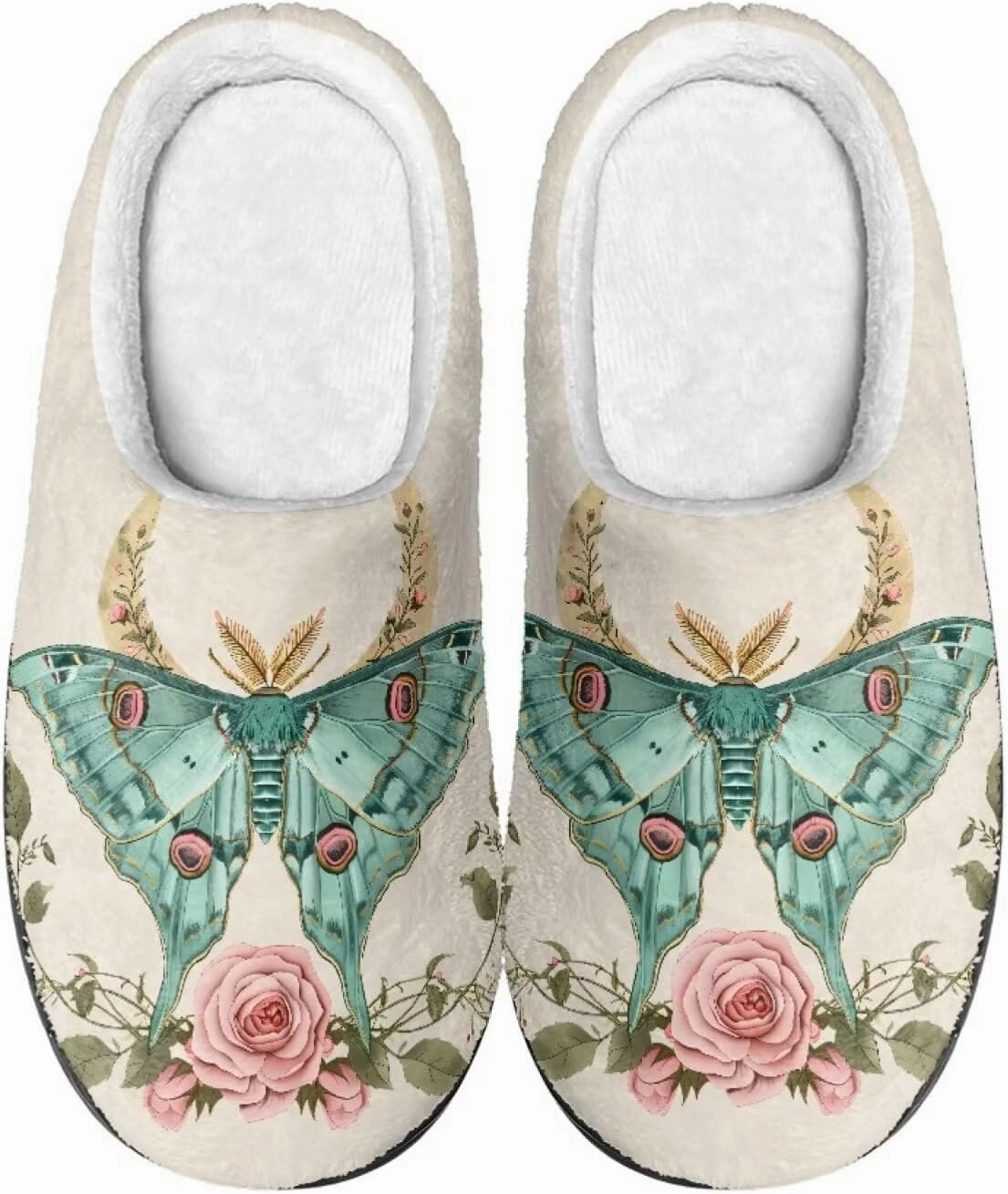 Howilath Butterfly Print Women Flannel Slippers, Warm Breathable House Shoes with Anti-skid Sole