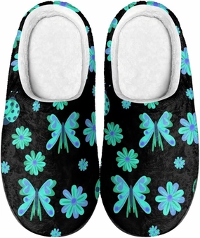 Howilath Butterfly Print Women Flannel Slippers, Warm Breathable House Shoes with Anti-skid Sole