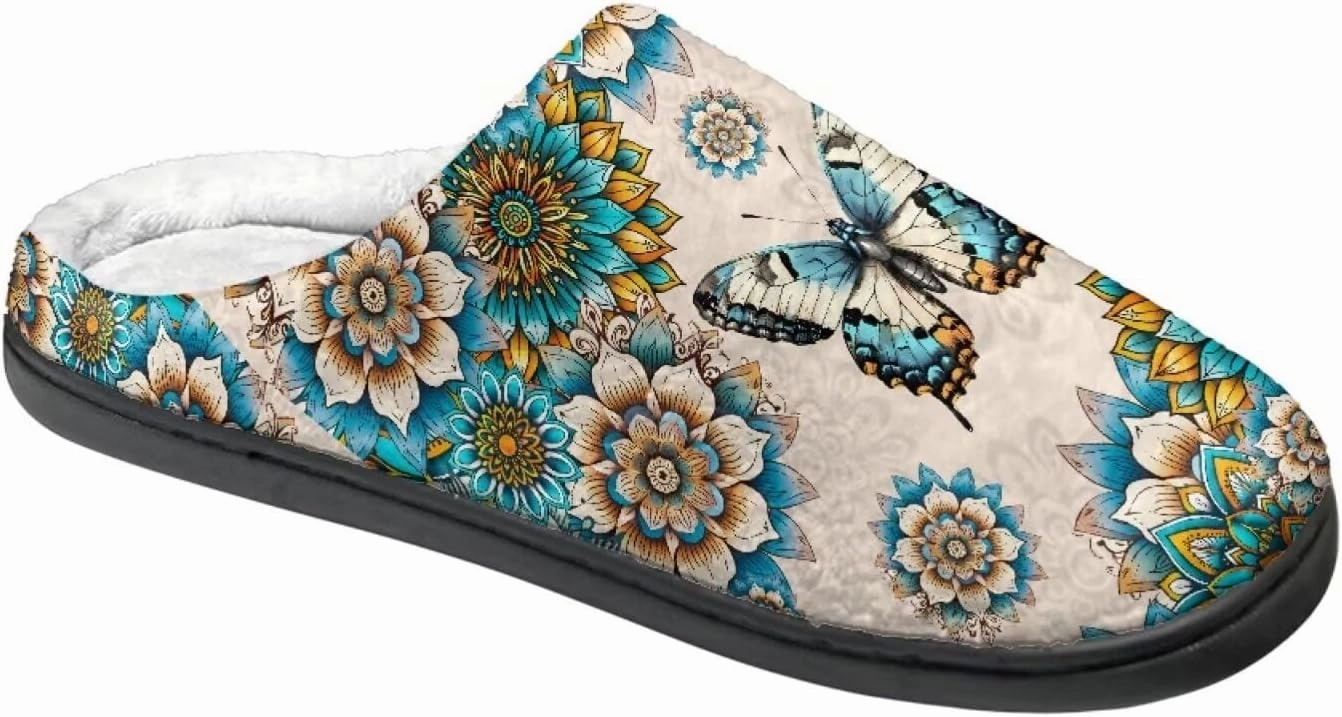 Howilath Butterfly Print Women Flannel Slippers, Warm Breathable House Shoes with Anti-skid Sole