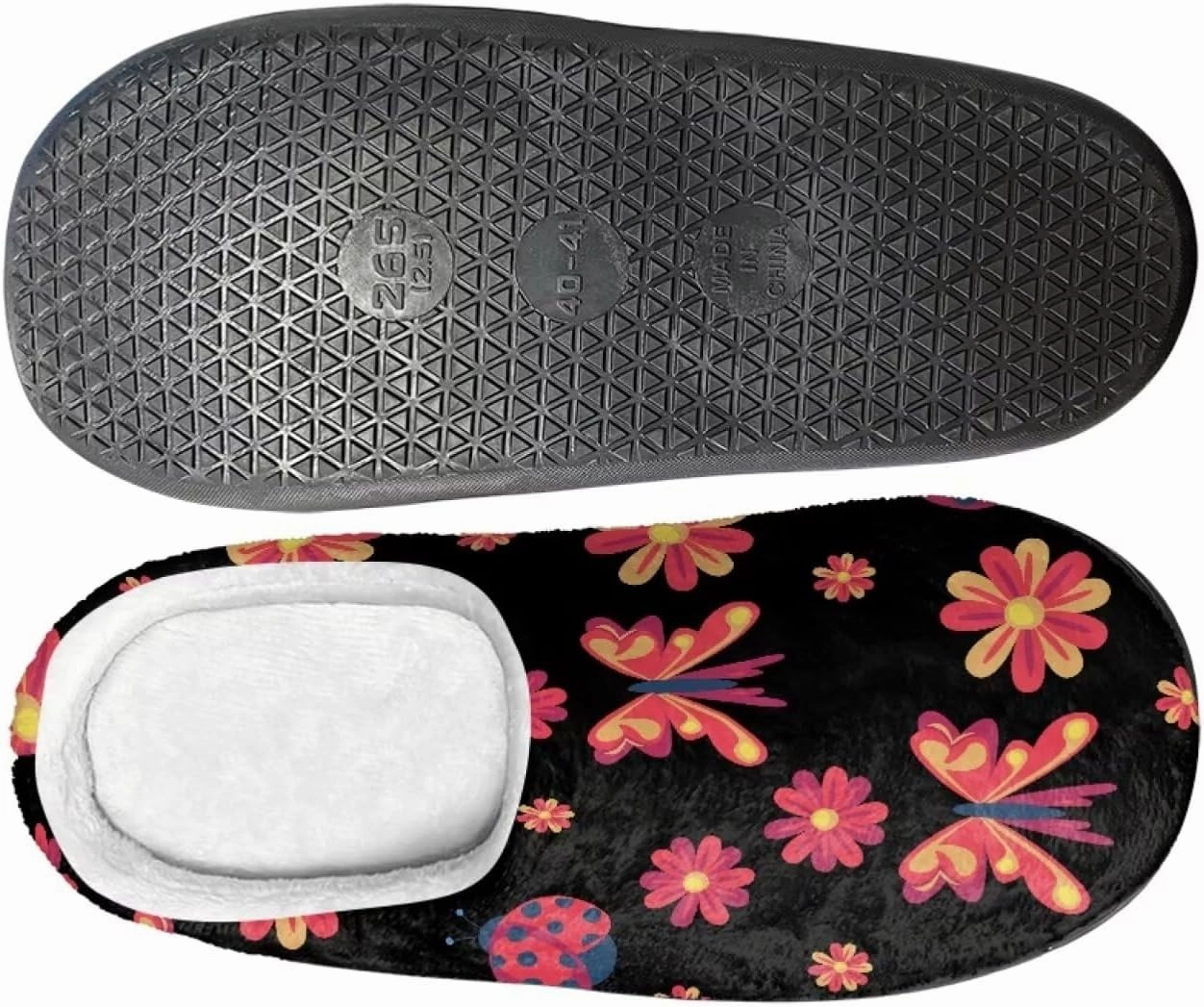 Howilath Butterfly Print Women Flannel Slippers, Warm Breathable House Shoes with Anti-skid Sole