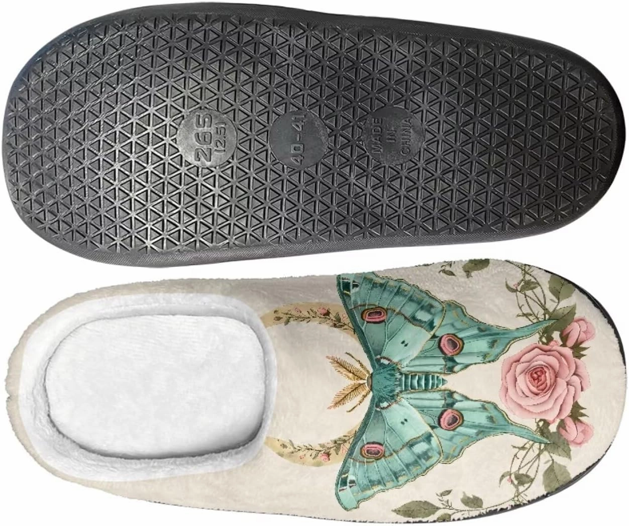 Howilath Butterfly Print Women Flannel Slippers, Warm Breathable House Shoes with Anti-skid Sole