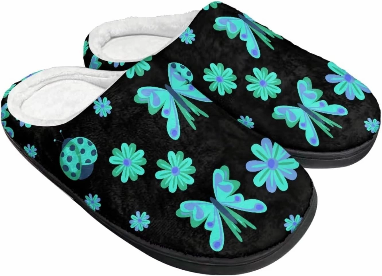 Howilath Butterfly Print Women Flannel Slippers, Warm Breathable House Shoes with Anti-skid Sole
