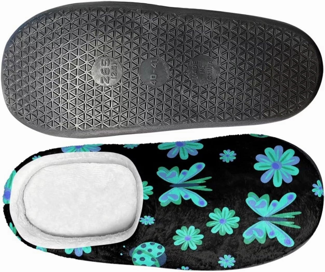 Howilath Butterfly Print Women Flannel Slippers, Warm Breathable House Shoes with Anti-skid Sole