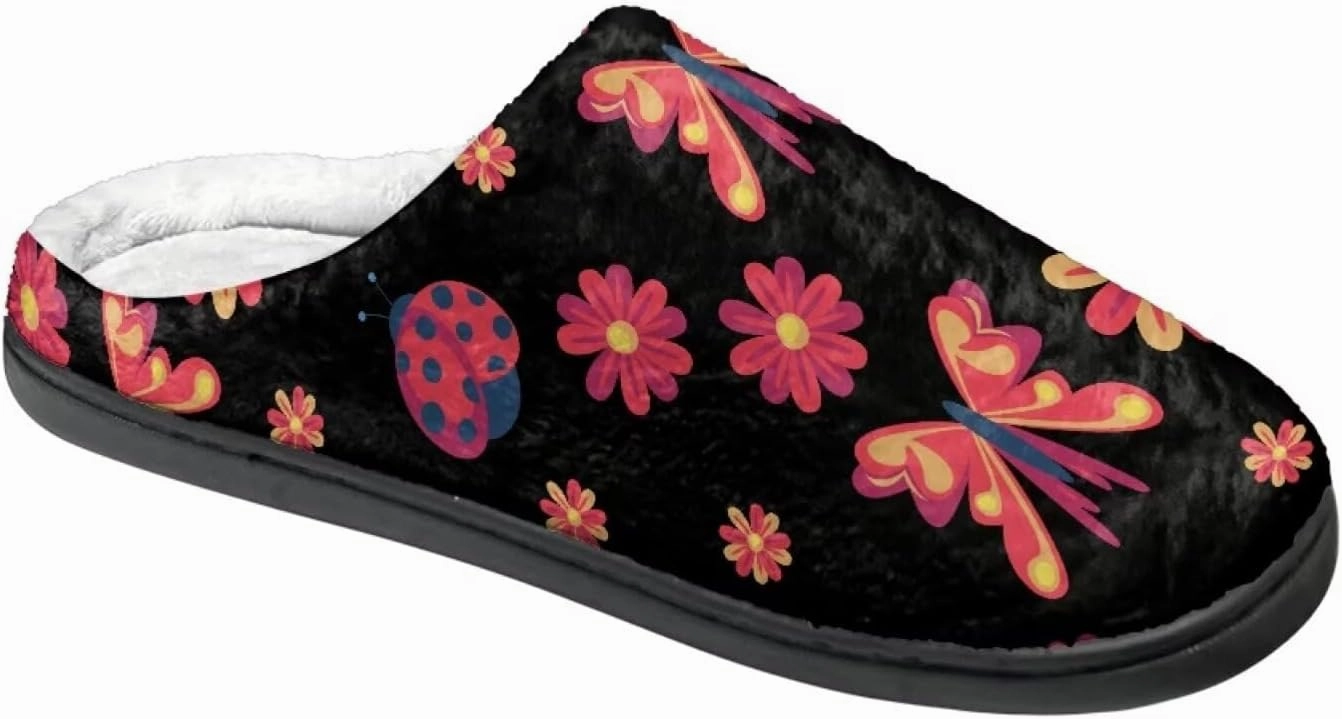 Howilath Butterfly Print Women Flannel Slippers, Warm Breathable House Shoes with Anti-skid Sole