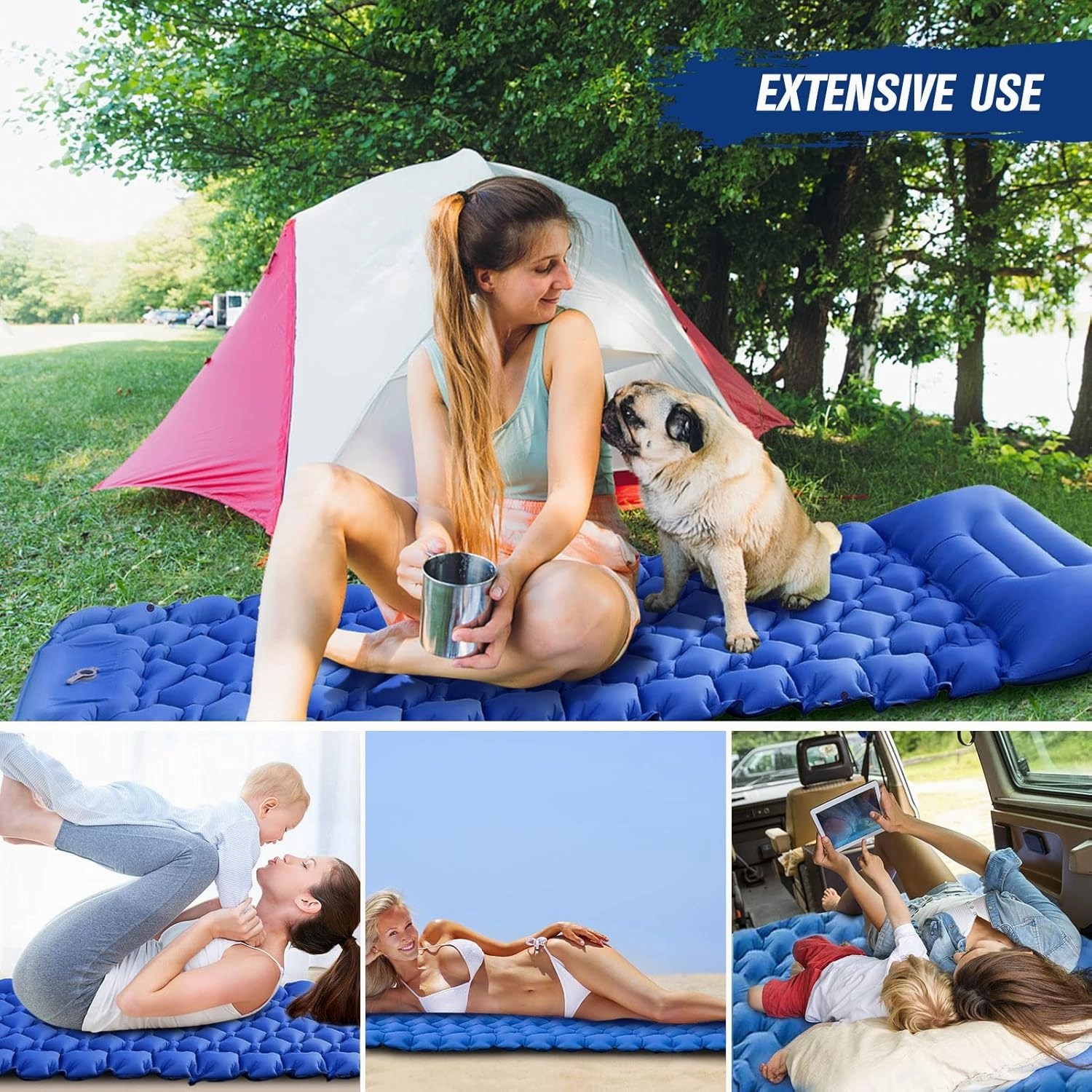 HURRISE Camping Mat, Lightweight Air Mattress with Pillow, Portable Sleeping Pad for Outdoor Activities, Suitable for Hiking, Fishing, Mountaineering, Nylon TPU Material, Green (Blue)