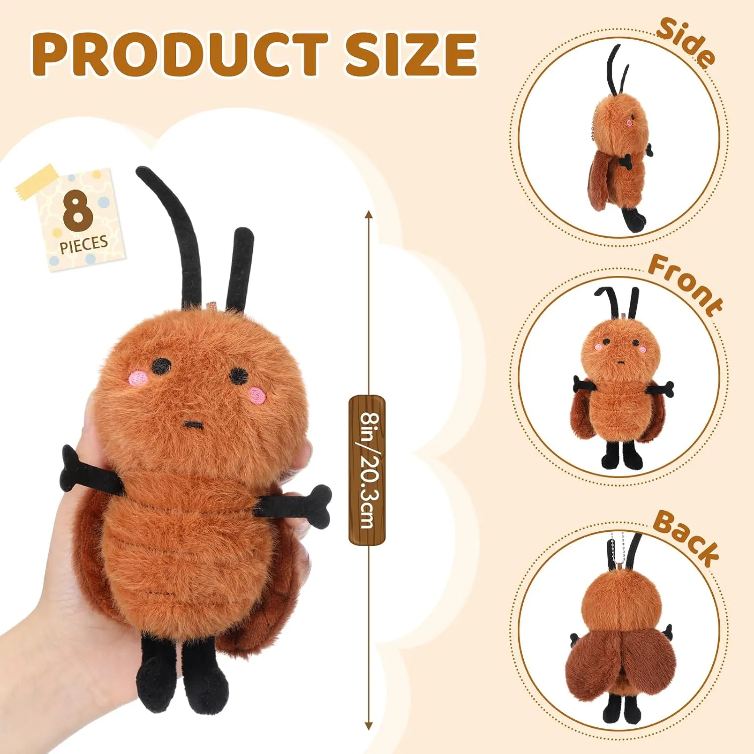 HyDren 8 Pcs Cockroach Stuffed Animal 8 Inches Plush Cockroach Soft Stuffed Animal Toy Brown Plush Toy Doll for Birthday Party Gifts Baby Shower Supplies Home Decoration