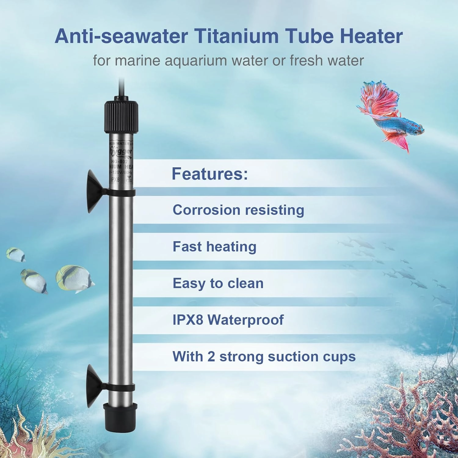 hygger Marine 50W Titanium Aquarium Heater for Salt Water and Fresh Water, Digital Submersible Heater with External IC Thermostat Controller and Thermometer, Fish Tank Heater for Fish Tank 5-10 Gallon