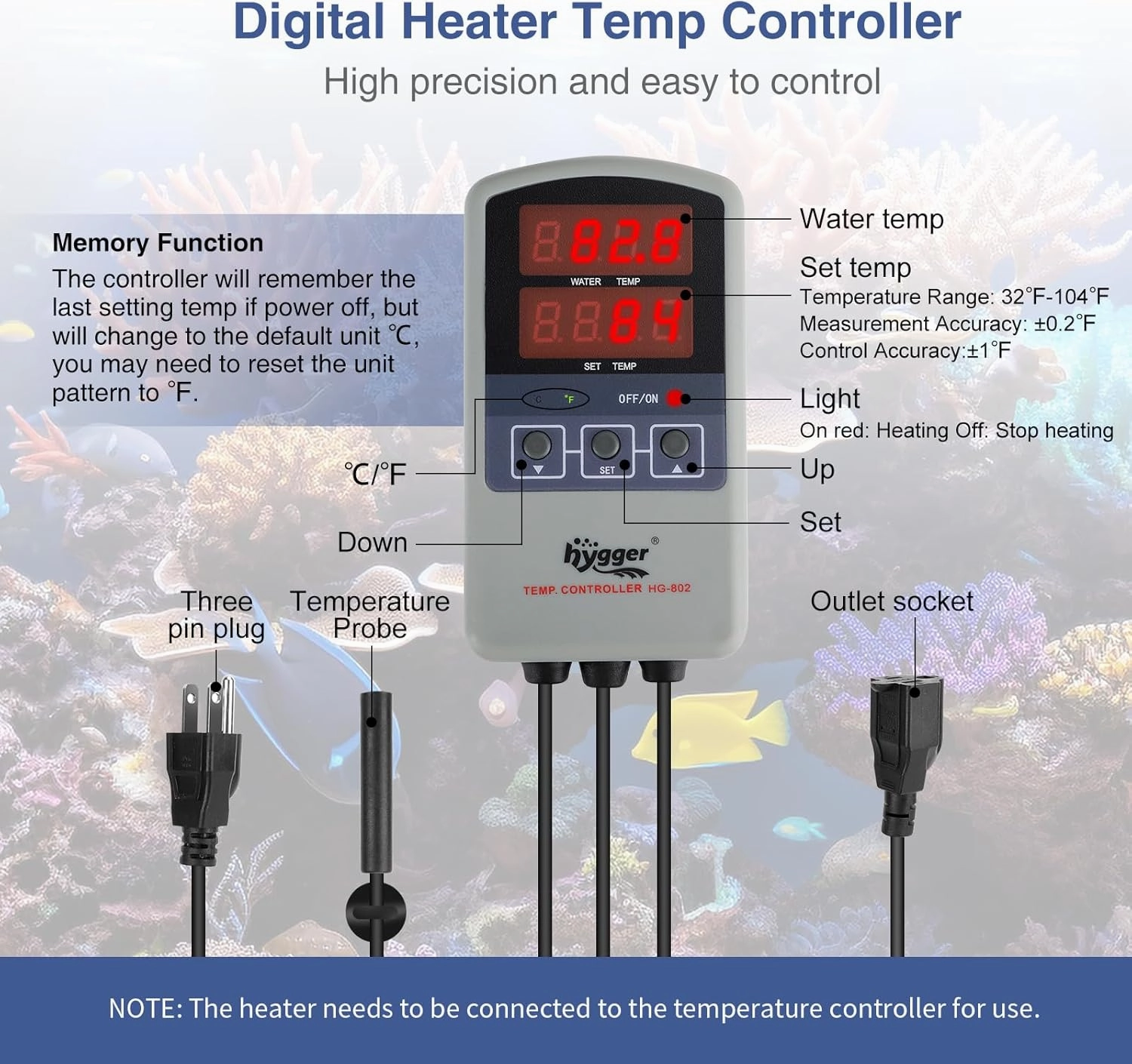 hygger Marine 50W Titanium Aquarium Heater for Salt Water and Fresh Water, Digital Submersible Heater with External IC Thermostat Controller and Thermometer, Fish Tank Heater for Fish Tank 5-10 Gallon