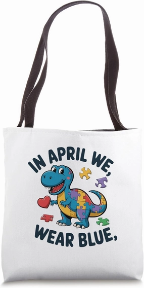 In April We Wear Blue Dinosaur Puzzle Tote Bag