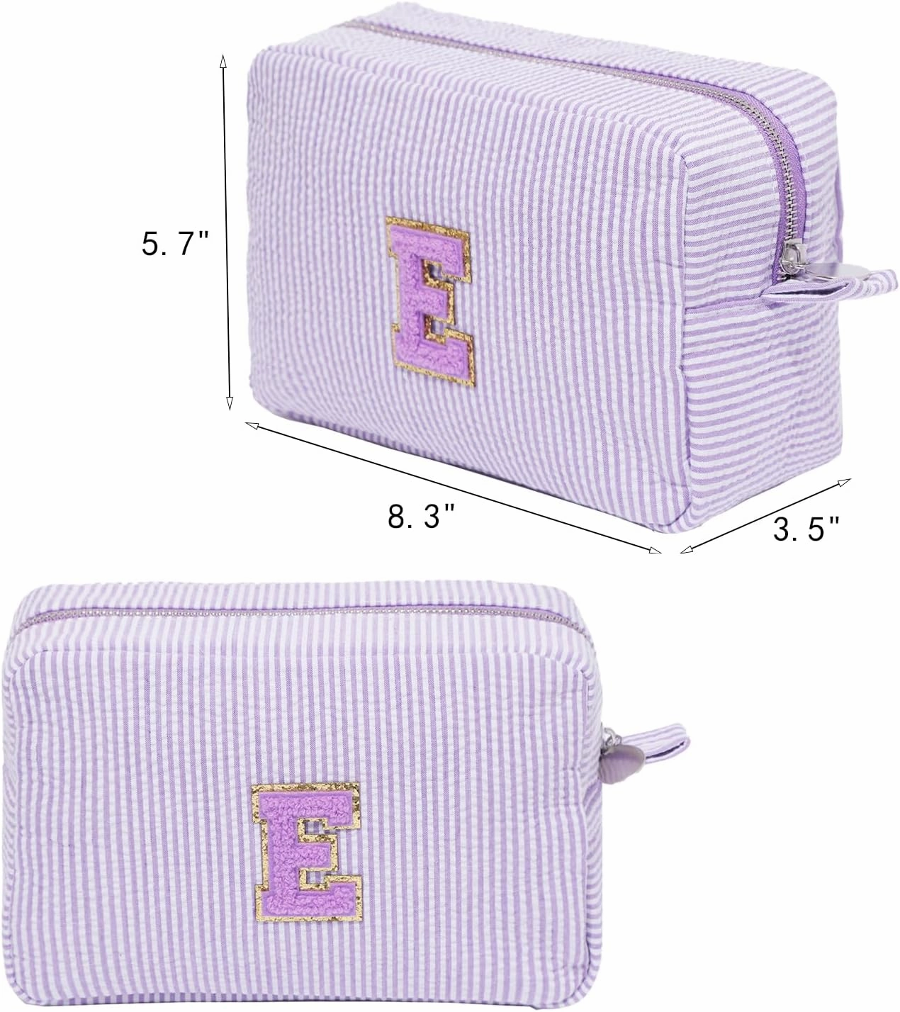 Initial Cosmetic Bag Monogrammed Makeup Pouch Toiletry Bag with Zipper Makeup Organizer Cosmetic Pouch (E, Purple Striped/Purple Letter)