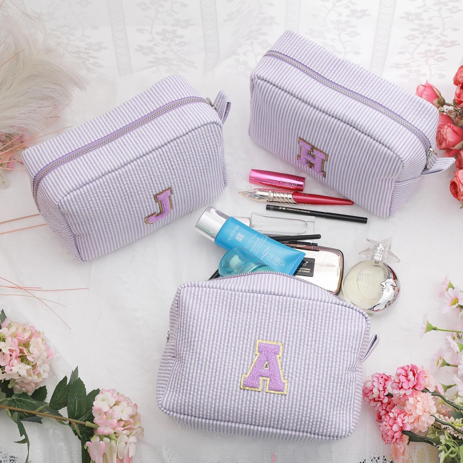 Initial Cosmetic Bag Monogrammed Makeup Pouch Toiletry Bag with Zipper Makeup Organizer Cosmetic Pouch (E, Purple Striped/Purple Letter)