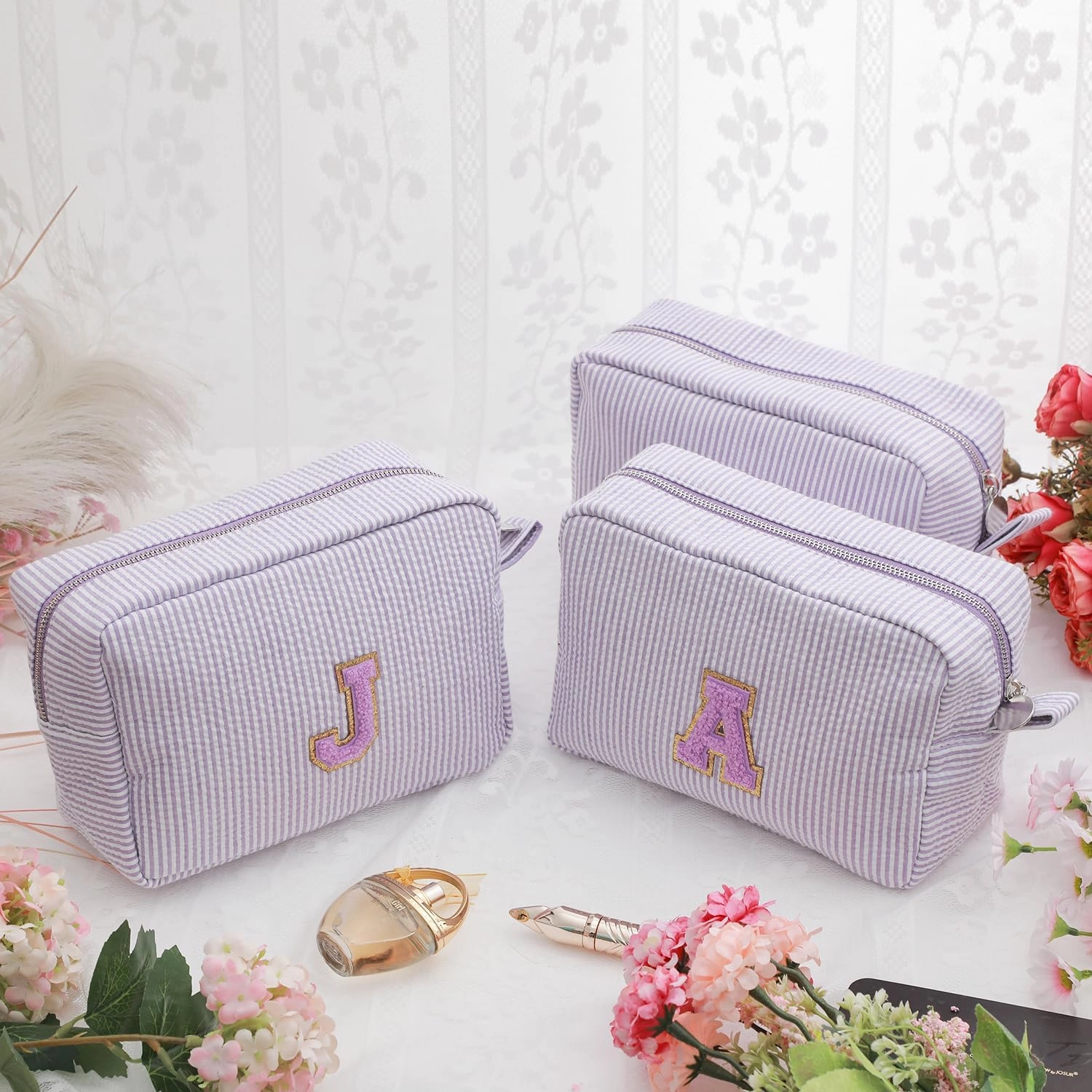 Initial Cosmetic Bag Monogrammed Makeup Pouch Toiletry Bag with Zipper Makeup Organizer Cosmetic Pouch (E, Purple Striped/Purple Letter)