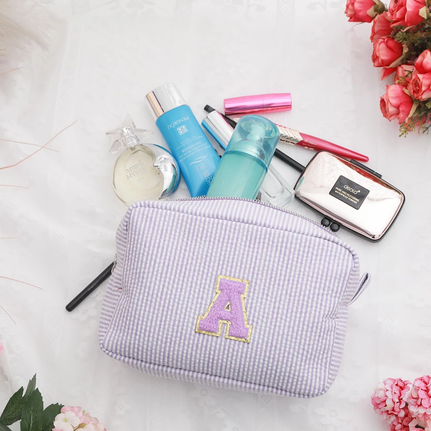 Initial Cosmetic Bag Monogrammed Makeup Pouch Toiletry Bag with Zipper Makeup Organizer Cosmetic Pouch (E, Purple Striped/Purple Letter)