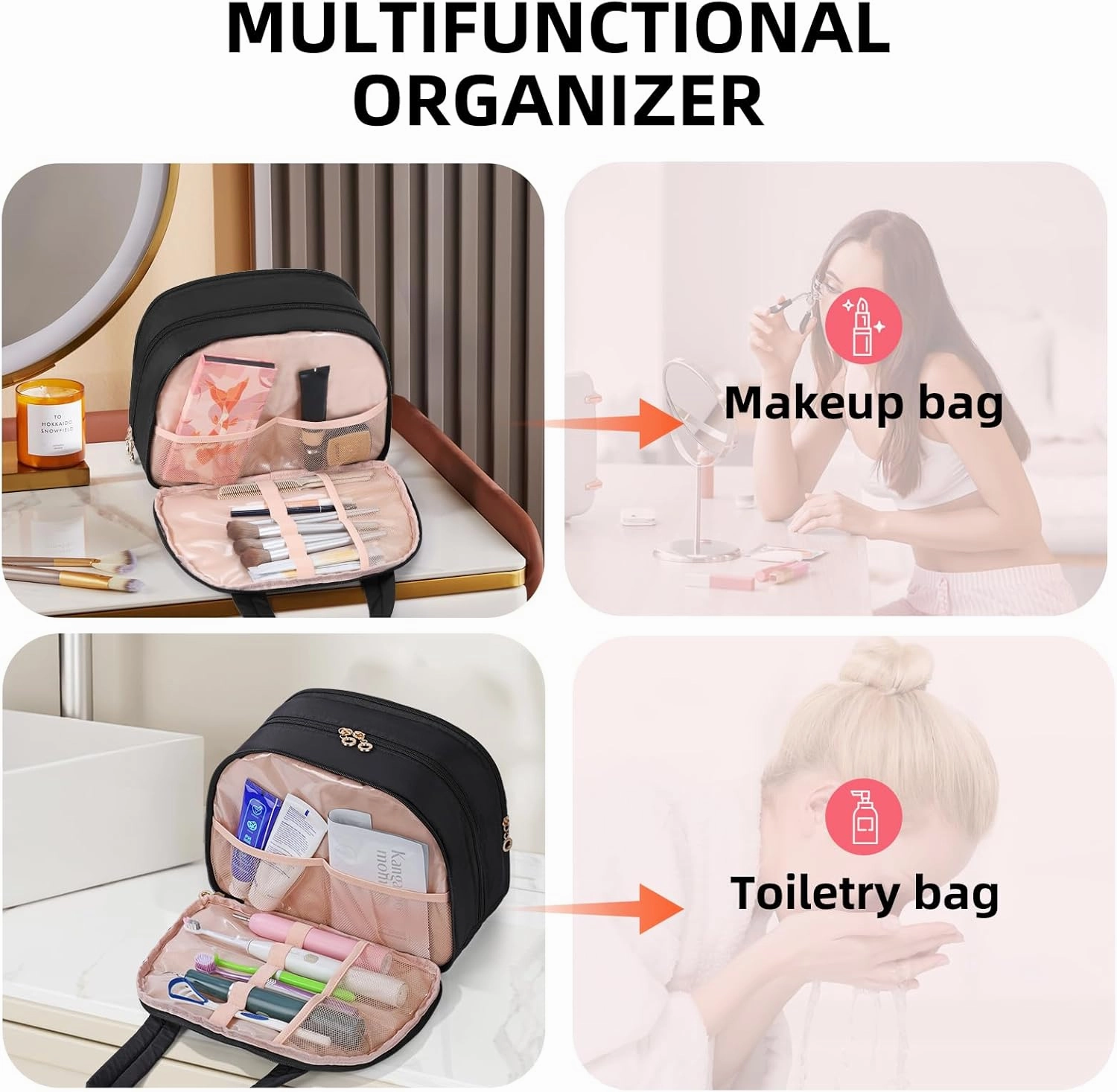 Initial Travel Toiletry Bag, Personalized Cosmetic Bags Birthday Gifts for Women, Makeup Bag Organizer with Handle, Travel Bag for Toiletries with Brush Holder (A, Black)