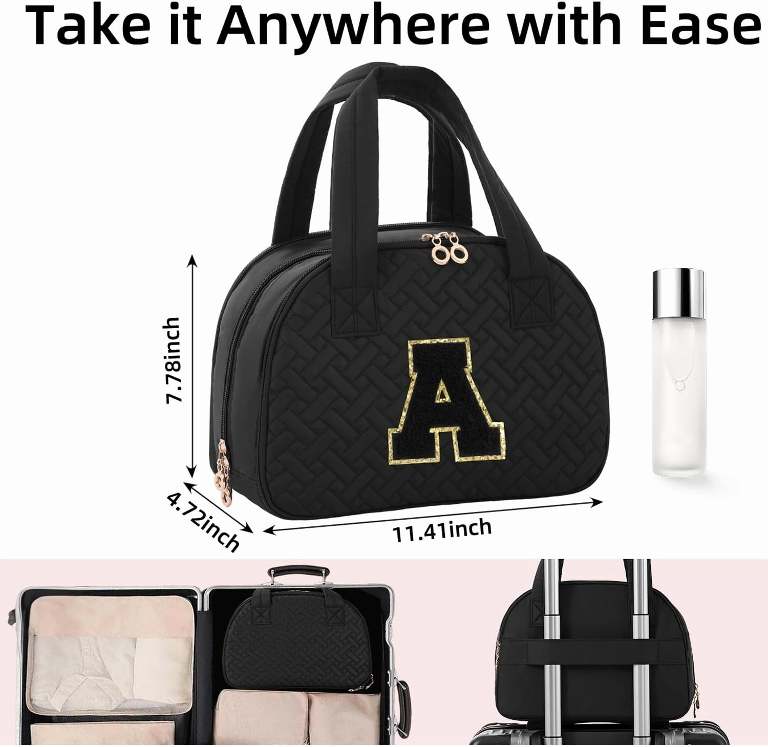 Initial Travel Toiletry Bag, Personalized Cosmetic Bags Birthday Gifts for Women, Makeup Bag Organizer with Handle, Travel Bag for Toiletries with Brush Holder (A, Black)