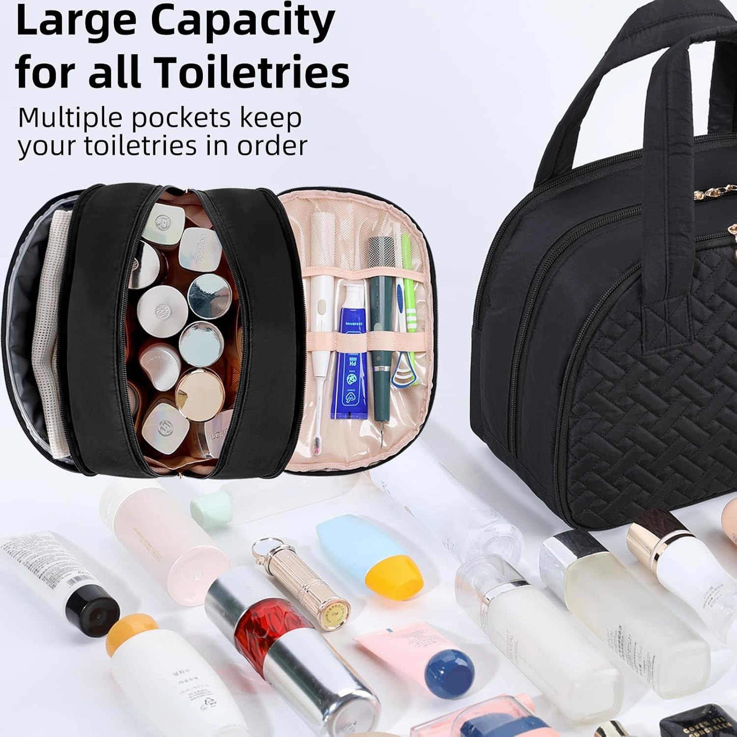 Initial Travel Toiletry Bag, Personalized Cosmetic Bags Birthday Gifts for Women, Makeup Bag Organizer with Handle, Travel Bag for Toiletries with Brush Holder (A, Black)