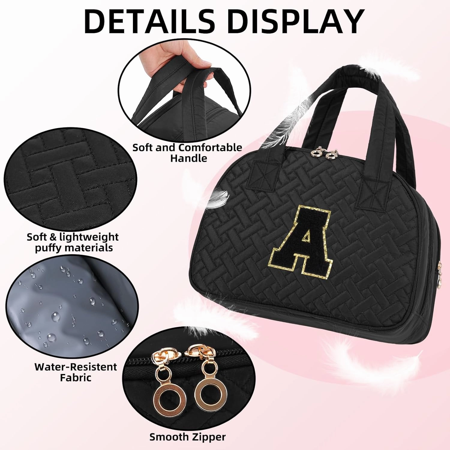 Initial Travel Toiletry Bag, Personalized Cosmetic Bags Birthday Gifts for Women, Makeup Bag Organizer with Handle, Travel Bag for Toiletries with Brush Holder (A, Black)