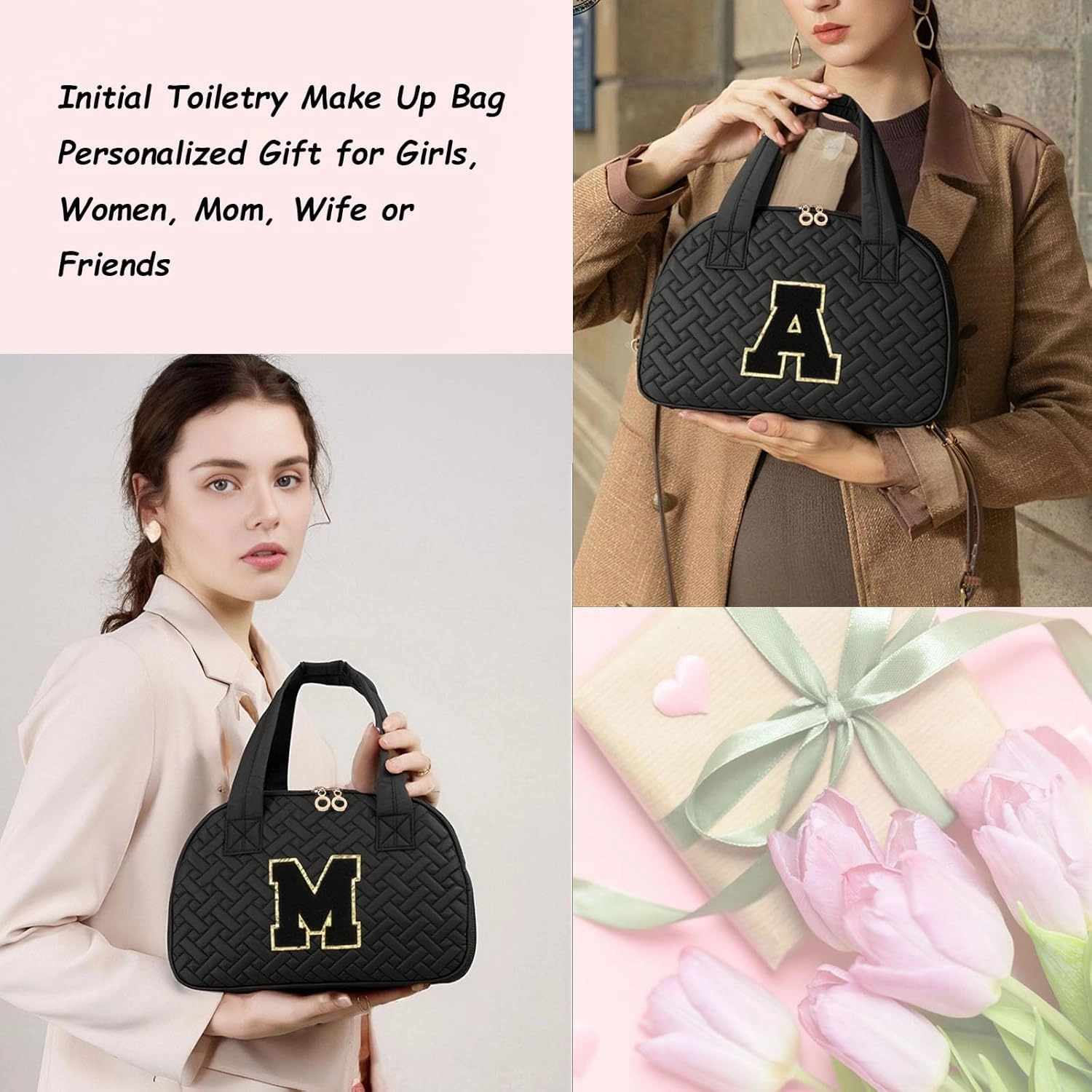 Initial Travel Toiletry Bag, Personalized Cosmetic Bags Birthday Gifts for Women, Makeup Bag Organizer with Handle, Travel Bag for Toiletries with Brush Holder (A, Black)