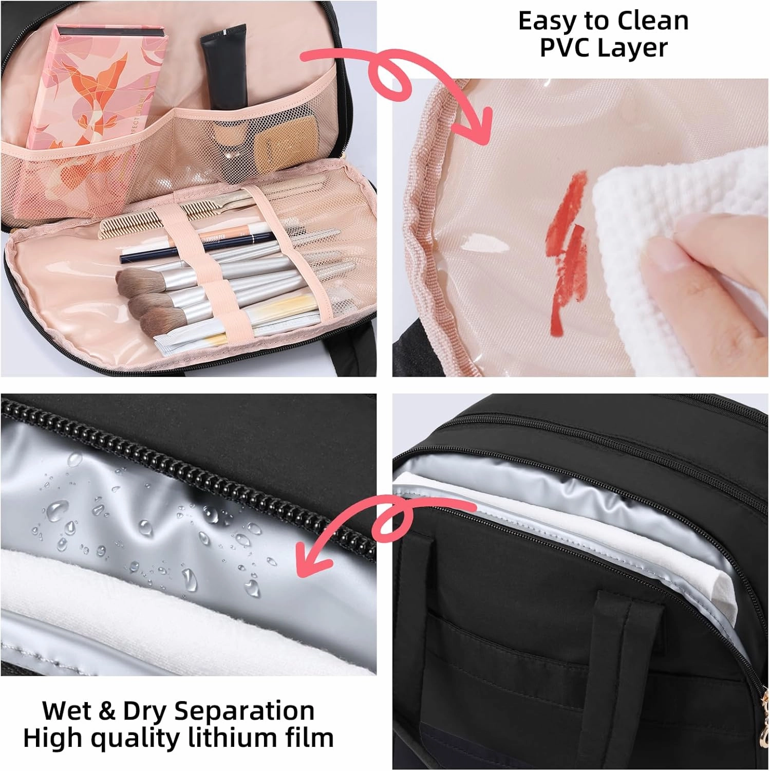 Initial Travel Toiletry Bag, Personalized Cosmetic Bags Birthday Gifts for Women, Makeup Bag Organizer with Handle, Travel Bag for Toiletries with Brush Holder (A, Black)