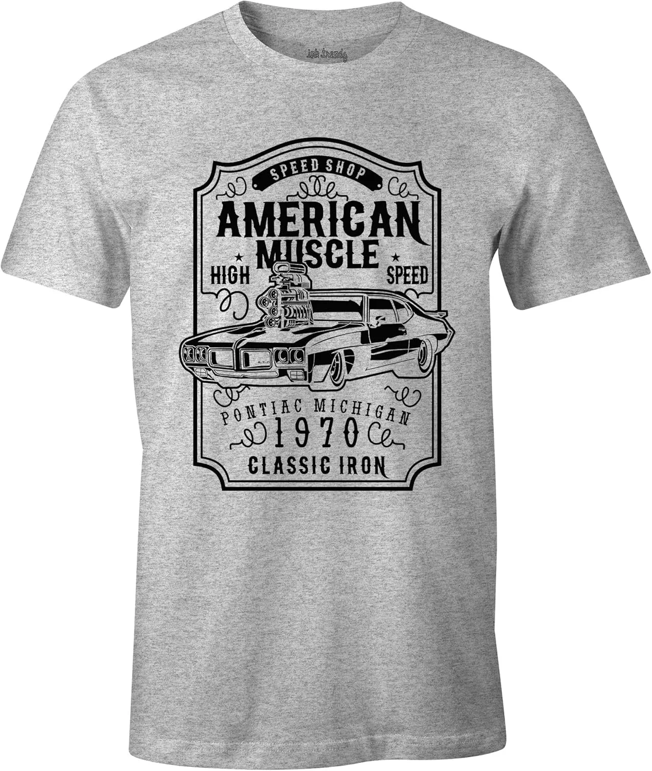 Ink Trendz American Muscle Pontiac GTO Thunder Grill Racing Muscle Car Racing Mechanic T-Shirt Heather Grey