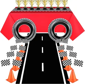 Irenare 39 Pcs Car Birthday Party Supplies Include Traffic Cones Checkered Flag Race Flag Tablecloth Track Running Mats Tire Tubes Swimming Ring and Mini Trophies for Racing Themed Birthday Party