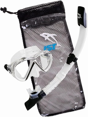 IST Compact Snorkeling Combo Set: Shatterproof Mask, Semi Dry Top Snorkel & Travel Mesh Drawstring Bag in Adult and Junior Sizes