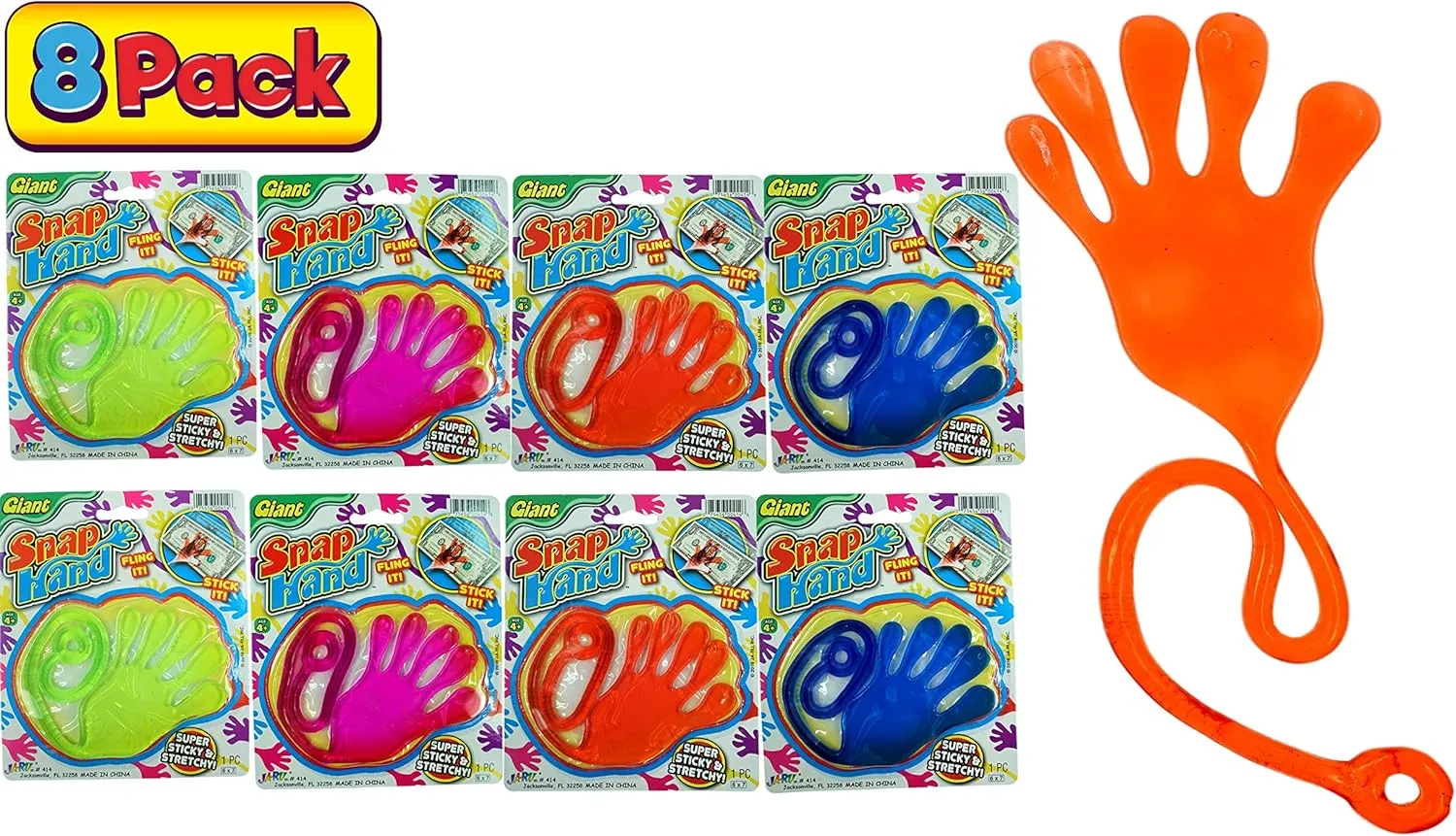 JA-RU Jumbo Giant Sticky Hand Stretchy Snap Toys (8 Packs) Great Sticky Hands Party Favors Birthday Toy Supplies for Kids, Pinata Filler, Bulk Toys Stocking Stuffers Goody Bags. 414-8