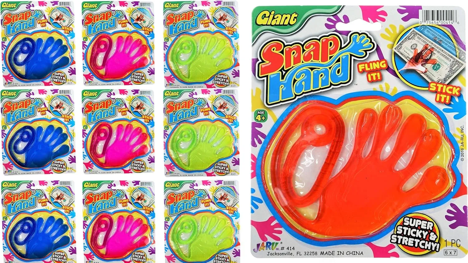 JA-RU Jumbo Giant Sticky Hand Stretchy Snap Toys (8 Packs) Great Sticky Hands Party Favors Birthday Toy Supplies for Kids, Pinata Filler, Bulk Toys Stocking Stuffers Goody Bags. 414-8