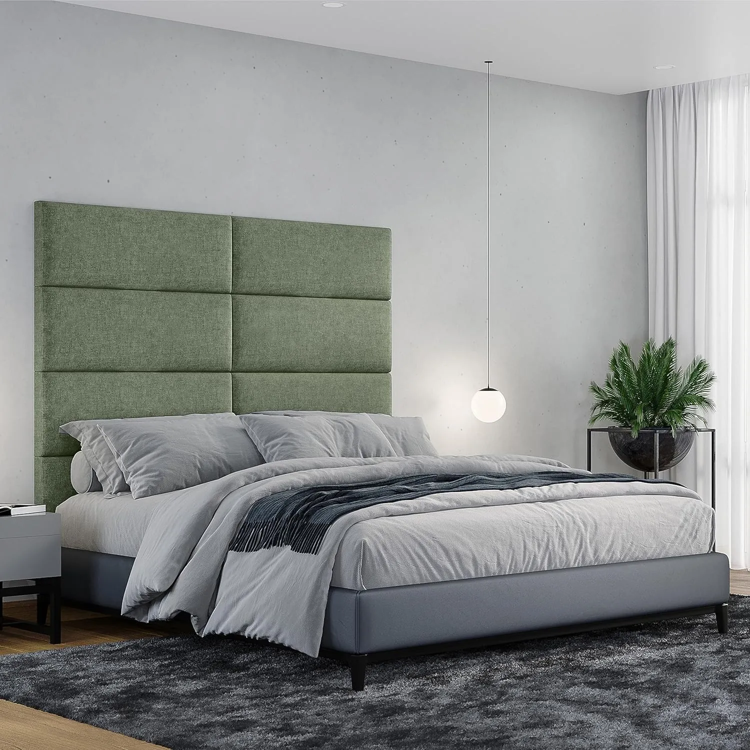 Jaxx Panelist Modern Padded Headboard – Set of 4 Wall Mounted Panels - Queen, Cypress Green Microvelvet