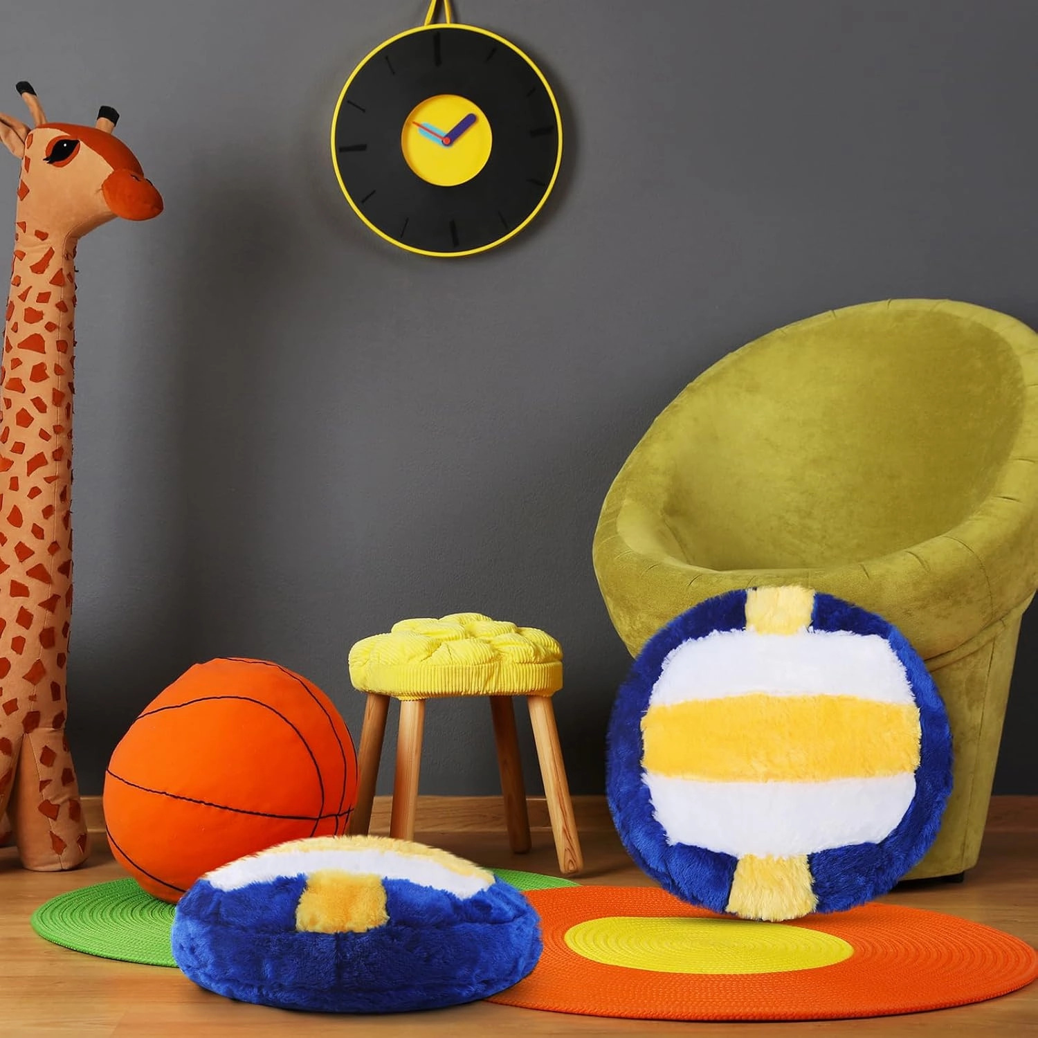 Jetec 2 Pcs Volleyball Pillow Fluffy Soft Throw Cute Volleyball Shaped Sports Decoration Round Plush Sport Theme Cushion Stuffed Pillow for Bedroom Decoration