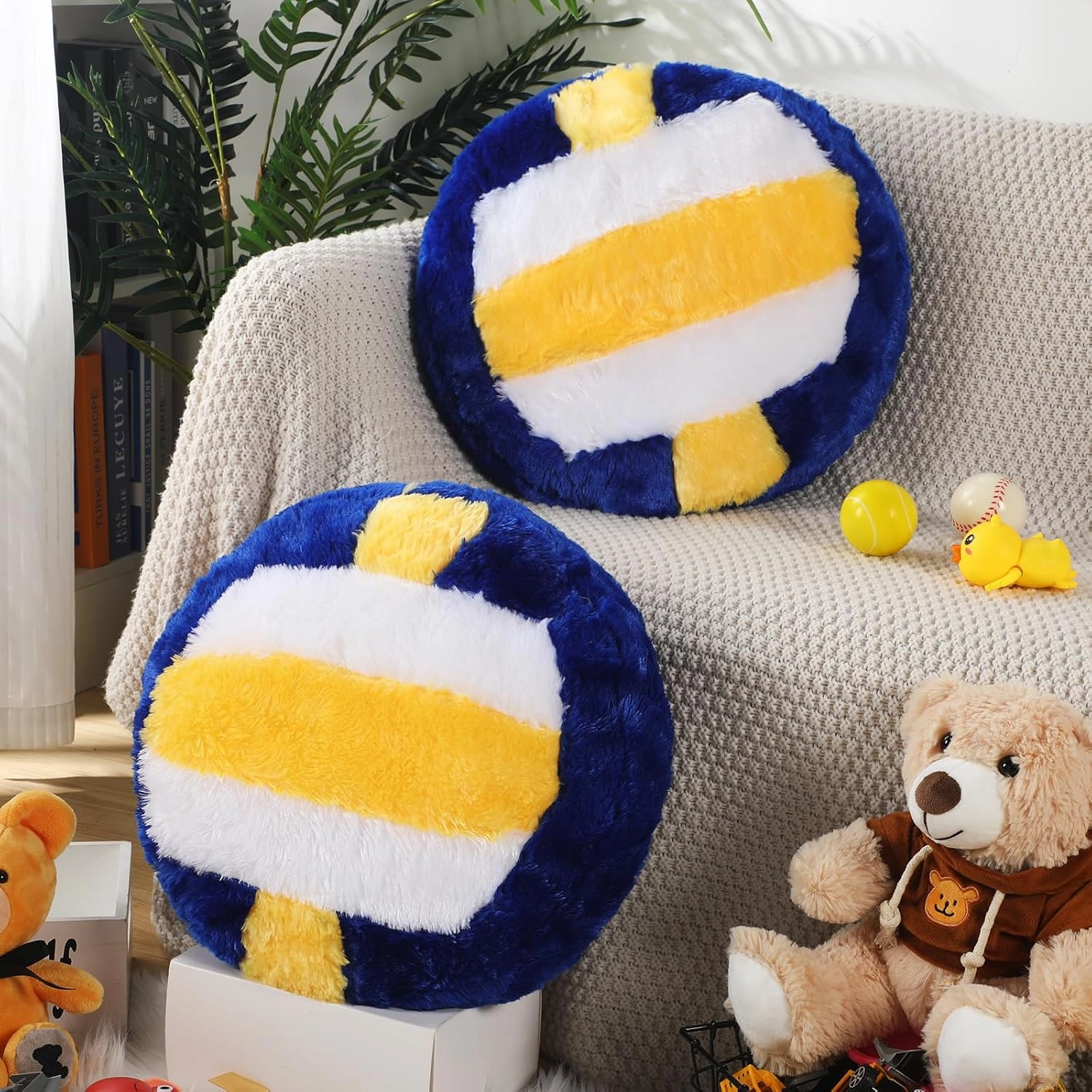 Jetec 2 Pcs Volleyball Pillow Fluffy Soft Throw Cute Volleyball Shaped Sports Decoration Round Plush Sport Theme Cushion Stuffed Pillow for Bedroom Decoration