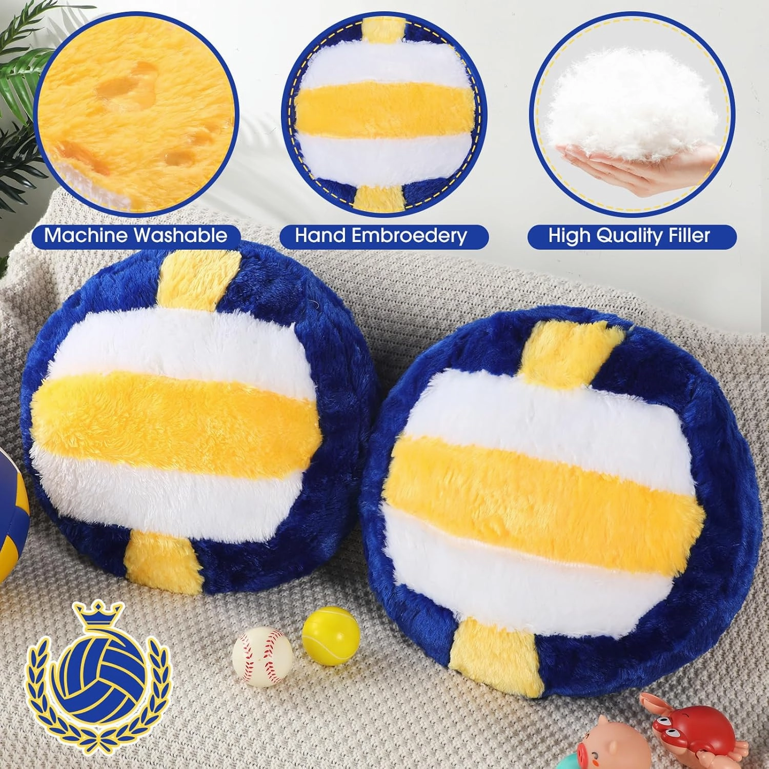 Jetec 2 Pcs Volleyball Pillow Fluffy Soft Throw Cute Volleyball Shaped Sports Decoration Round Plush Sport Theme Cushion Stuffed Pillow for Bedroom Decoration