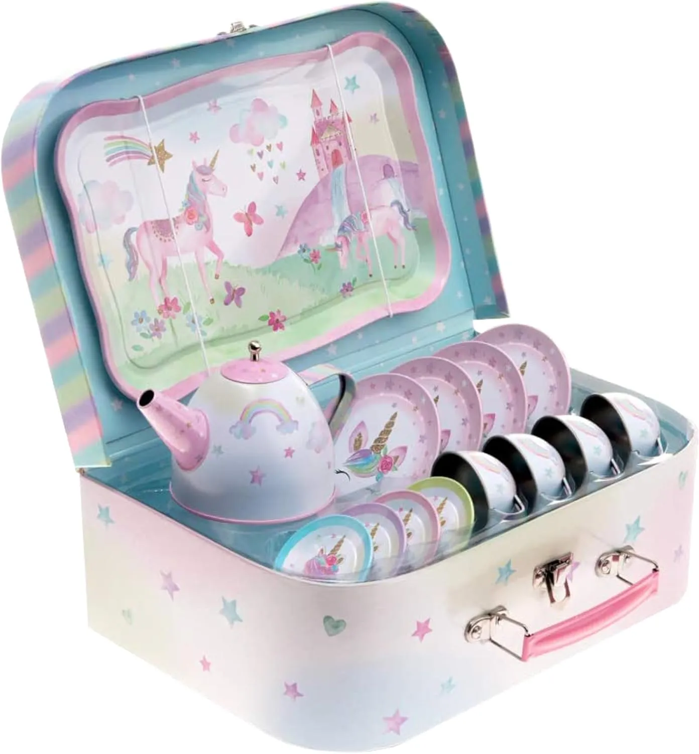 Jewelkeeper 15-Piece Tin Tea Set for Toddlers - Pretend Toy Set with Teapot, Cups, Plates and Carrying Case - Unicorn Picnic Toys for Girls - Unique Gift for Kids Ages 3  - Fun Play Tea Party Toy