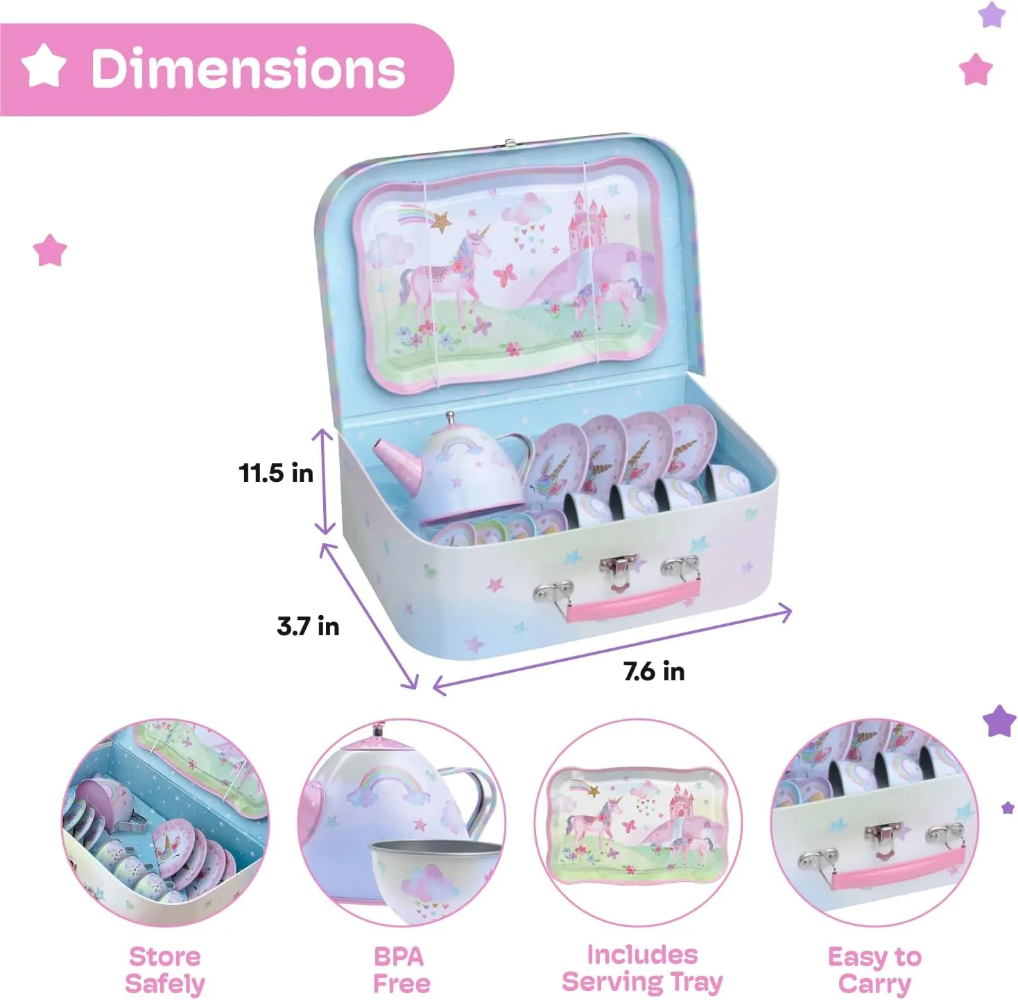 Jewelkeeper 15-Piece Tin Tea Set for Toddlers - Pretend Toy Set with Teapot, Cups, Plates and Carrying Case - Unicorn Picnic Toys for Girls - Unique Gift for Kids Ages 3  - Fun Play Tea Party Toy