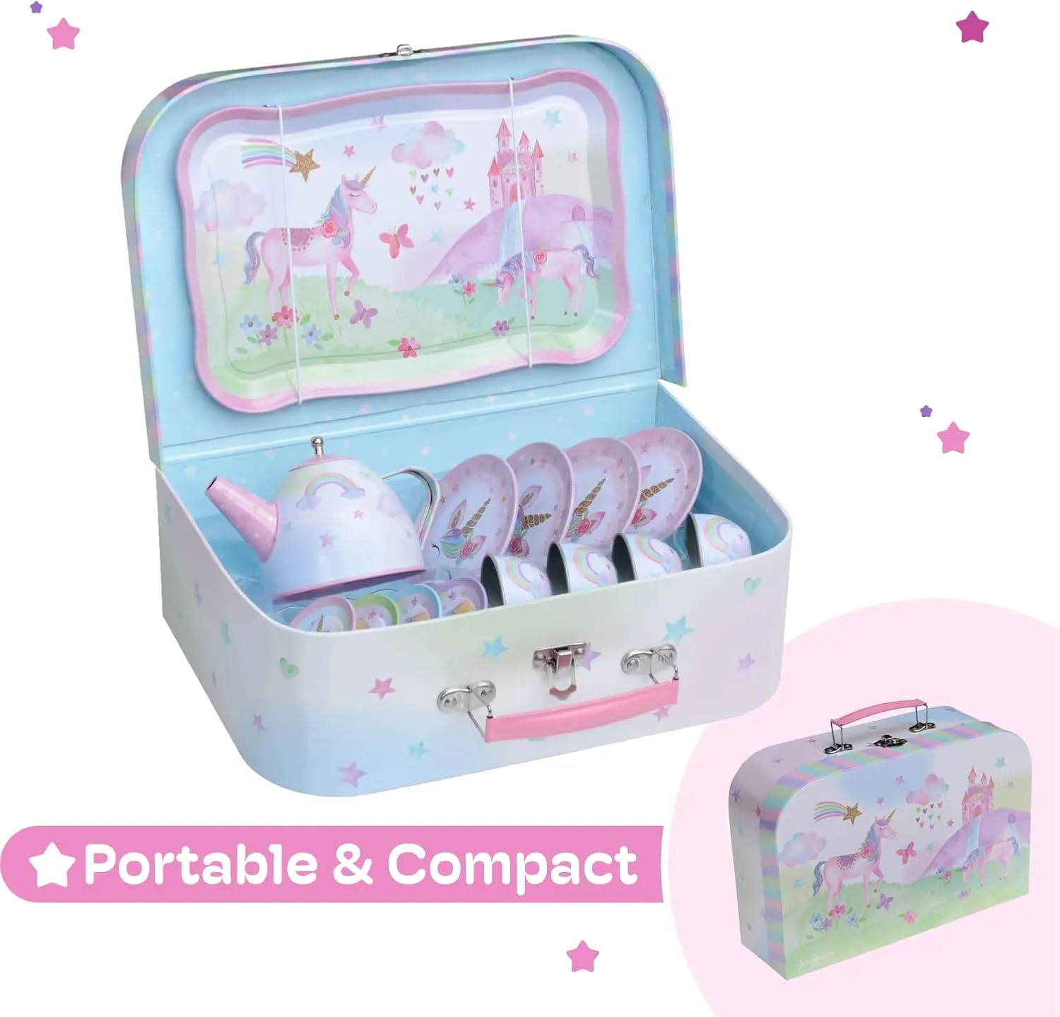 Jewelkeeper 15-Piece Tin Tea Set for Toddlers - Pretend Toy Set with Teapot, Cups, Plates and Carrying Case - Unicorn Picnic Toys for Girls - Unique Gift for Kids Ages 3  - Fun Play Tea Party Toy