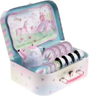 Jewelkeeper 15-Piece Tin Tea Set for Toddlers - Pretend Toy Set with Teapot, Cups, Plates and Carrying Case - Unicorn Picnic Toys for Girls - Unique Gift for Kids Ages 3  - Fun Play Tea Party Toy