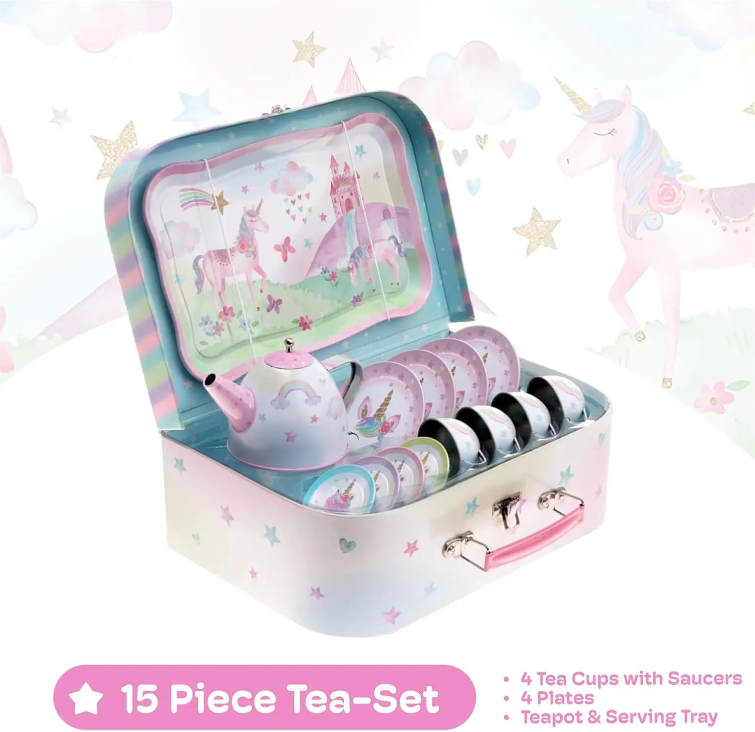 Jewelkeeper 15-Piece Tin Tea Set for Toddlers - Pretend Toy Set with Teapot, Cups, Plates and Carrying Case - Unicorn Picnic Toys for Girls - Unique Gift for Kids Ages 3  - Fun Play Tea Party Toy