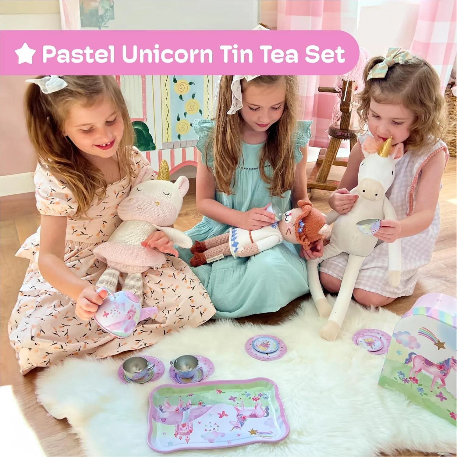 Jewelkeeper 15-Piece Tin Tea Set for Toddlers - Pretend Toy Set with Teapot, Cups, Plates and Carrying Case - Unicorn Picnic Toys for Girls - Unique Gift for Kids Ages 3  - Fun Play Tea Party Toy