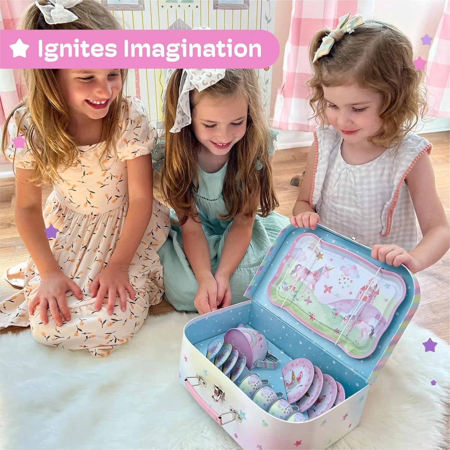 Jewelkeeper 15-Piece Tin Tea Set for Toddlers - Pretend Toy Set with Teapot, Cups, Plates and Carrying Case - Unicorn Picnic Toys for Girls - Unique Gift for Kids Ages 3  - Fun Play Tea Party Toy