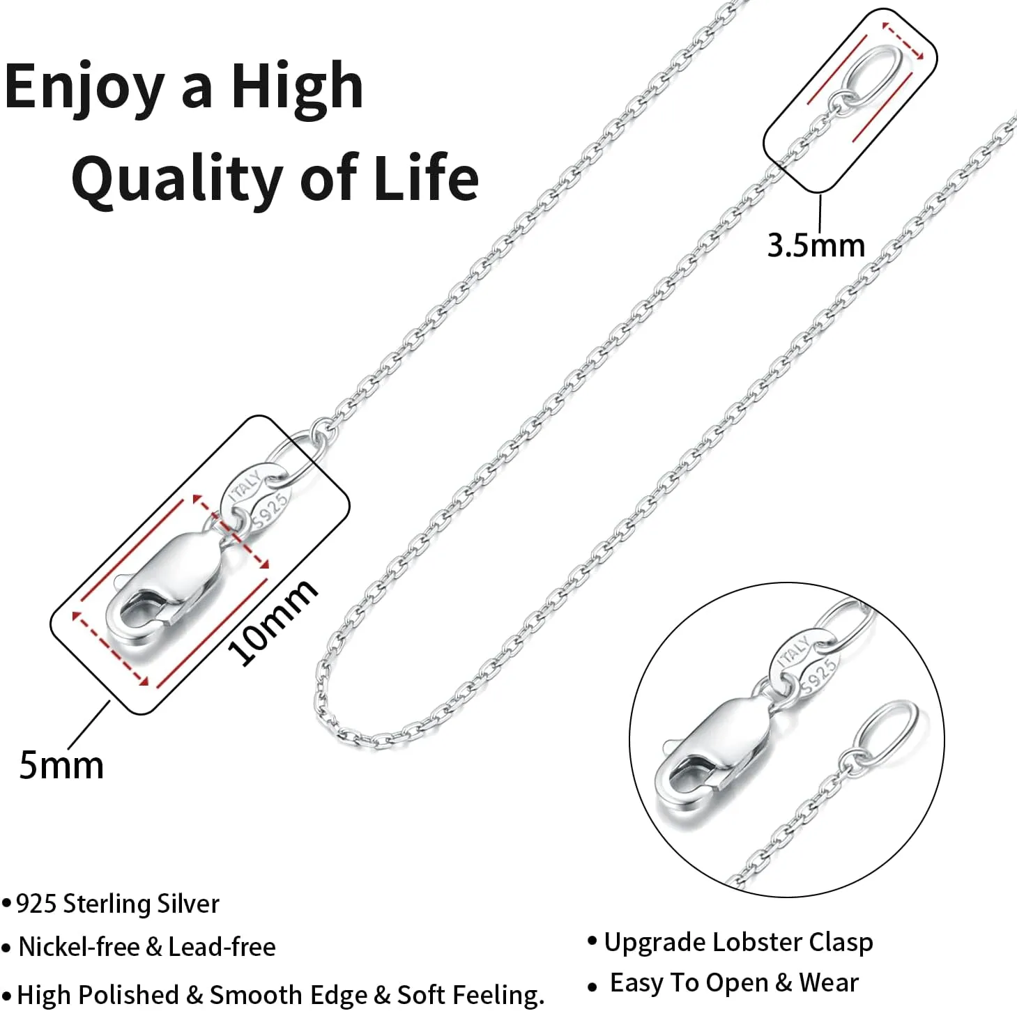 Jewlpire Solid 18k Gold Over 925 Sterling Silver Chain Necklace for Women, 1.1mm Cable Chain Necklace Thin & Dainty & Sturdy Women's Chain Necklaces, 14/16/17/18/20/22/24 Inches