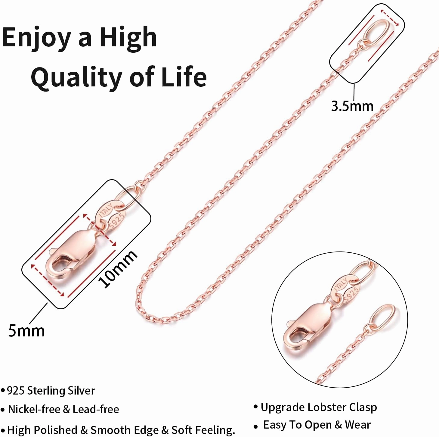Jewlpire Solid 18k Gold Over 925 Sterling Silver Chain Necklace for Women, 1.1mm Cable Chain Necklace Thin & Dainty & Sturdy Women's Chain Necklaces, 14/16/17/18/20/22/24 Inches