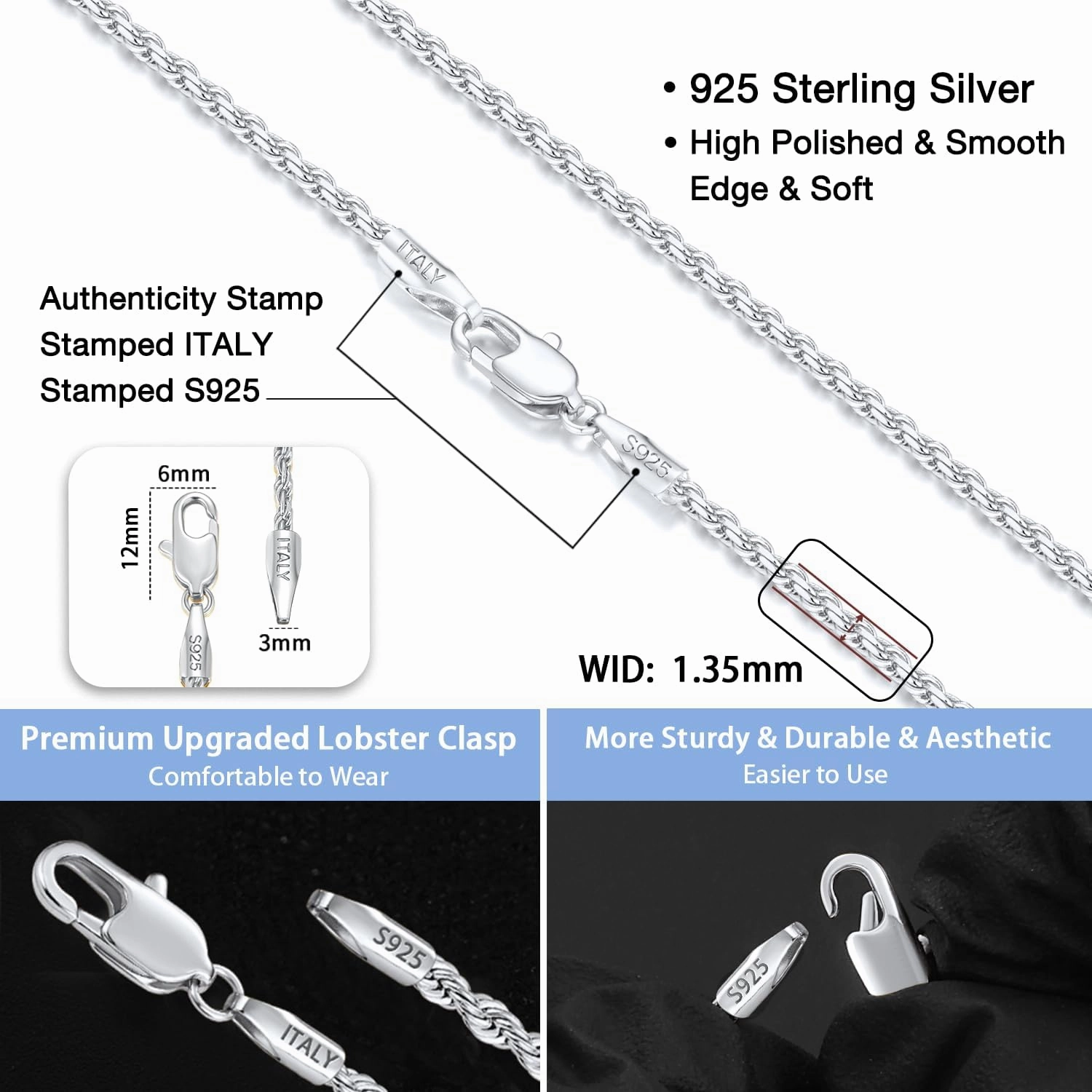 Jewlpire Solid 18K Gold Over 925 Sterling Silver Chain Necklace for Women, 1.35mm Rope Chain Italian Necklace Chain for Women Men Super Shiny & Durable Women's Chain Necklaces 18 20 22 24 Inch