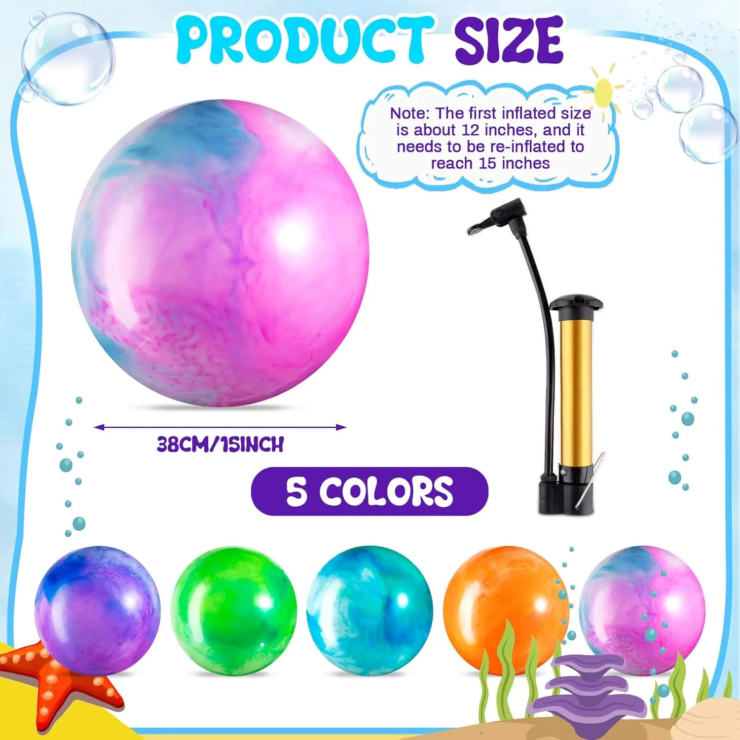 Jexine 10 Pcs 15" Marbleized Bouncy Balls Big PVC Inflatable Balls Playground Kickball Bouncing Toys with Pump for Backyard Beach Indoor Outdoor Game Party Favor