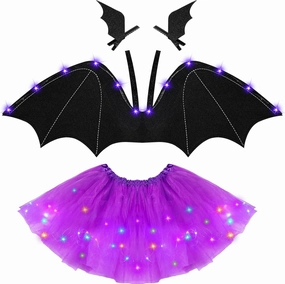 Jiuguva 3 Pcs Halloween Bat Costume Set - Purple LED Bat Wings, Black Tutu Dress, Hair Clips & Cosplay Accessory for Girls & Kids