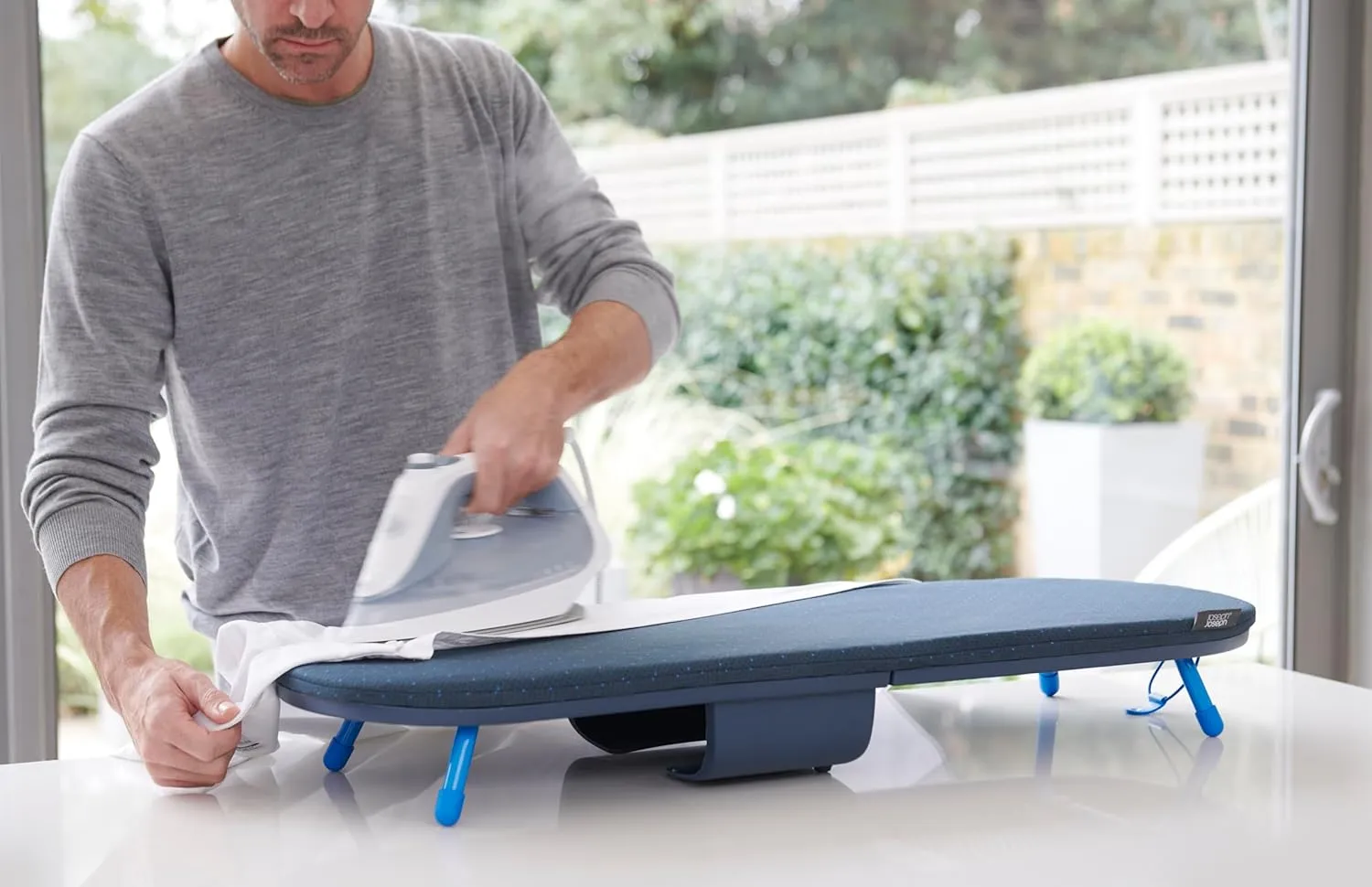 Joseph Joseph Compact Folding Tabletop Ironing Board with Iron Holder, Black/Blue