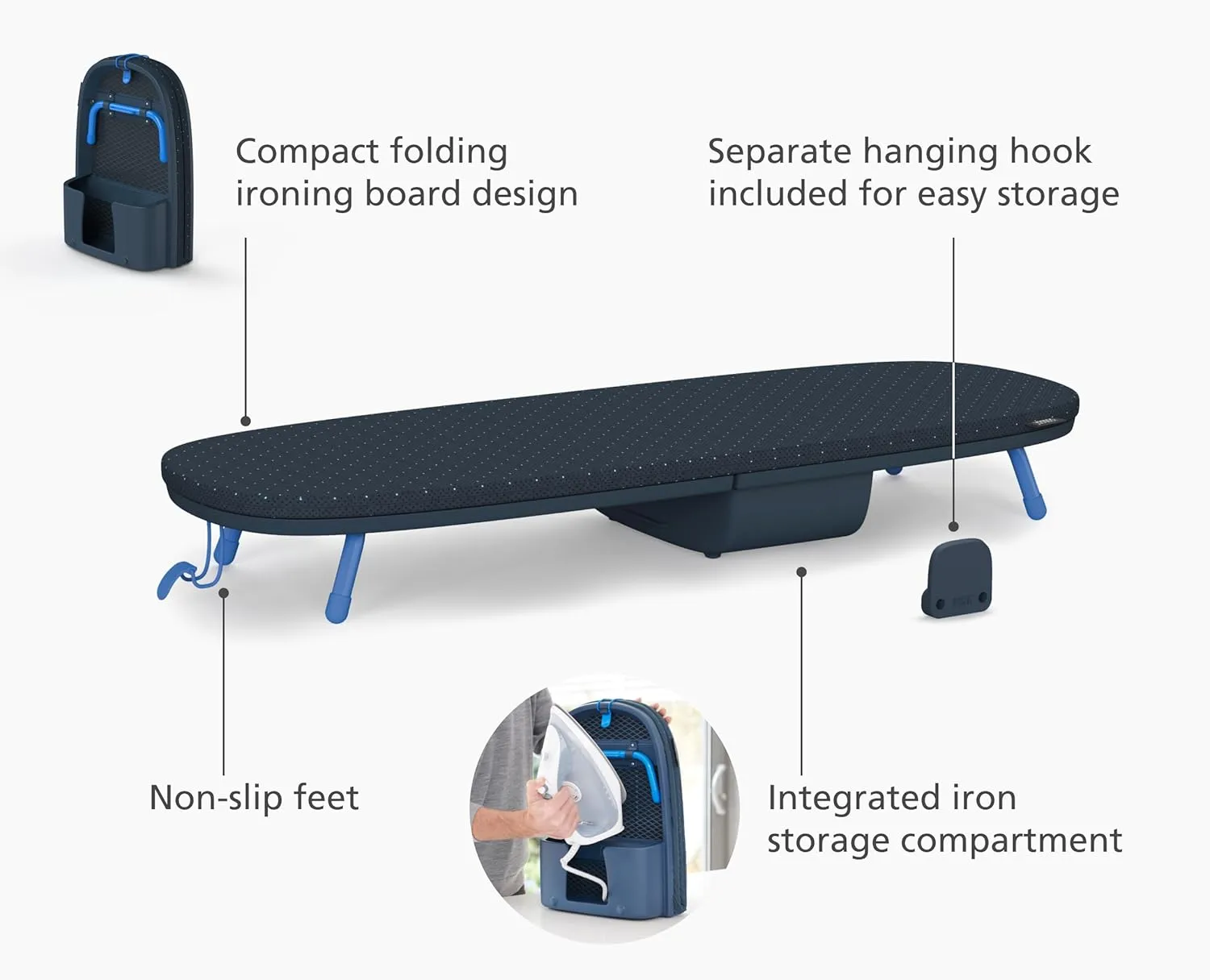 Joseph Joseph Compact Folding Tabletop Ironing Board with Iron Holder, Black/Blue