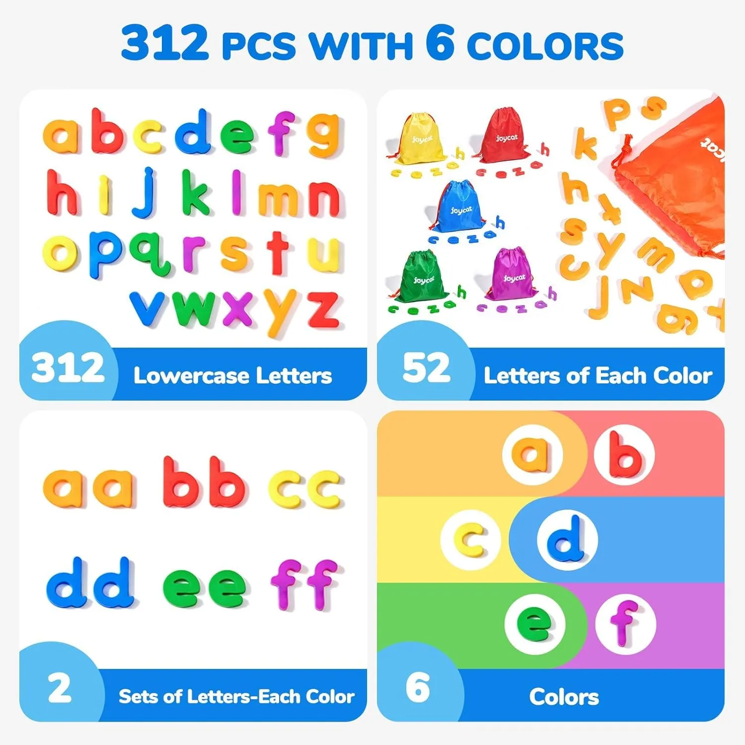 JoyCat Magnetic Letters, 312 Pieces Lowercase Alphabet Fridge Magnets, ABC Magnets for Toddlers Kids, Educational Learning Plastic Letters Set for Kindergarten Classroom