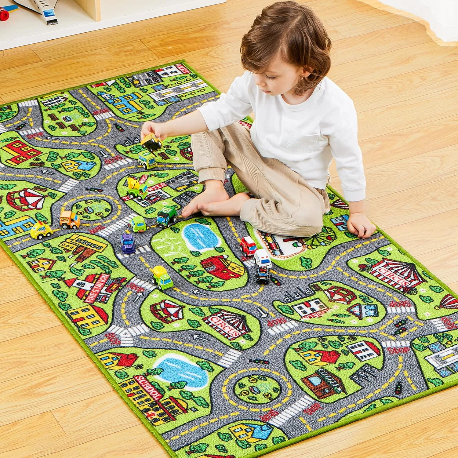 JOYIN Kids Play Rugs - 12 Pull-Back Vehicle Set - Durable Carpet Playmat Rug - City Pretend Play - Toddler Car Track Rug