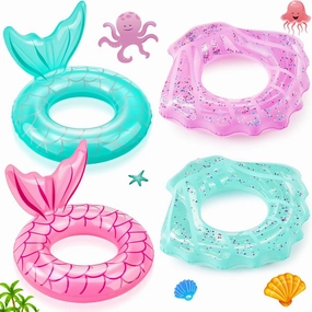 Juexica 4 Pack Mermaid Pool Float Rings Shell Swimming Float Tube Inflatable Glitter Confetti Pool Ring Raft Seashell Shaped Mermaid Tail for Swimming Summer Beach Party Decorations